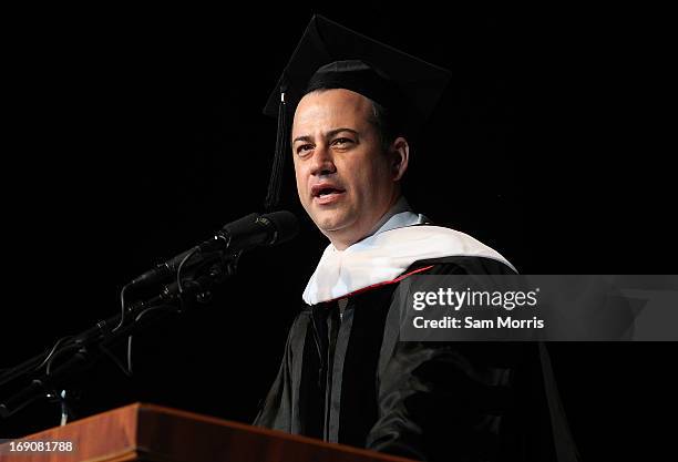 Talk show host Jimmy Kimmel receives an honorary degree from UNLV during the university's 50th commencement ceremony at the Thomas & Mack Center on...