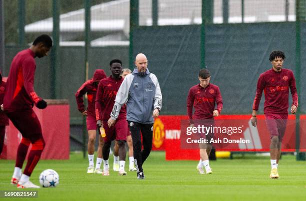 Manager Erik ten Hag of Manchester United in action during a Manchester United Training Session at Carrington Training Ground on September 19, 2023...