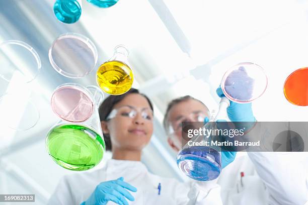 scientists examining petri dishes and beakers in lab - petri dish stock pictures, royalty-free photos & images