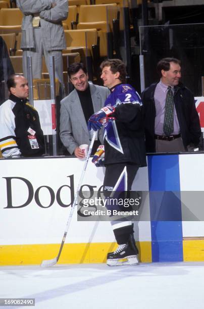 Al MacInnis of the Western Conference and the St. Louis Blues speaks to reporters before the 1996 46th NHL All-Star Game against the Eastern...