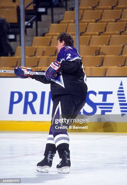 Al MacInnis of the Western Conference and the St. Louis Blues skates on the ice during warms-up before the 1996 46th NHL All-Star Game against the...