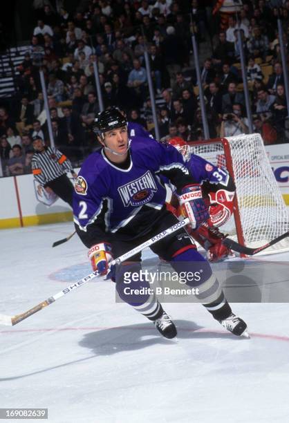 Al MacInnis of the Western Conference and the St. Louis Blues skates on the ice during the 1996 46th NHL All-Star Game against the Eastern Conference...