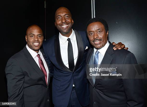 Personality and show host Kevin Frazier, retired NBA player and radio host John Salley and sportscaster Jim Hill attend the 28th Anniversary Sports...