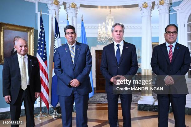 Secretary of State Antony Blinken speaks to the press with the Marshall Islands Minister for Foreign Affairs and Trade Jack Ading , Federated States...