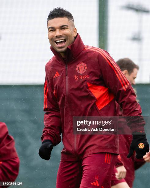 Casemiro of Manchester United in action during a Manchester United Training Session at Carrington Training Ground on September 19, 2023 in...