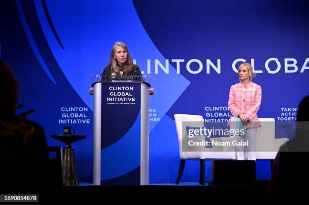 Jeanne Bourgault and Dana Perino are seen onstage during the Clinton Global Initiative September 2023 Meeting at New York Hilton Midtown on September...