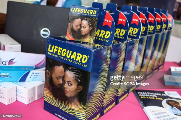 Boxes of condoms are displayed during the national celebrations of The World Contraception Day. According to data from Kenya Demographic and Health...