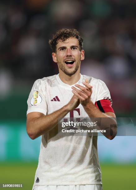 September 2023, North Rhine-Westphalia, Münster: Soccer: DFB Cup, Preußen Münster - Bayern Munich, 1st round at Preußenstadion. Munich's Leon...