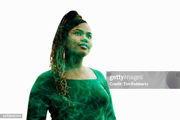 woman with electric cloud - artificial intelligence white background stock pictures, royalty-free photos & images