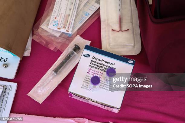 Pfizer contraceptive, Depo Provera, is displayed during the national celebrations of The World Contraception Day. According to data from Kenya...