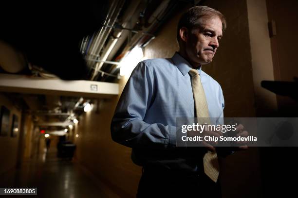 House Judiciary Committee Chairman Jim Jordan speaks to reporters before heading into a House Republican caucus meeting at the U.S. Capitol on...