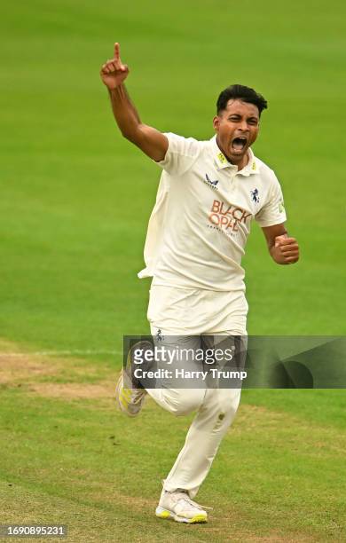 Arafat Bhuiyan of Kent celebrates the wicket of Tom Abell of Somerset during Day One of the LV= Insurance County Championship Division 1 match...