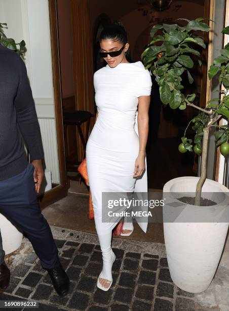 Kylie Jenner is seen leaving Siena restaurant on September 26, 2023 in Paris, France.