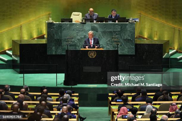 Secretary General Antonio Guterres speaks during the United Nations General Assembly at the United Nations headquarters on September 19, 2023 in New...