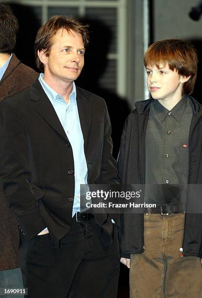 Actor Michael J Fox and son Sam on stage at the launch party of the 'Back to the Future' DVD release held at Universal Studios on December 16, 2002...