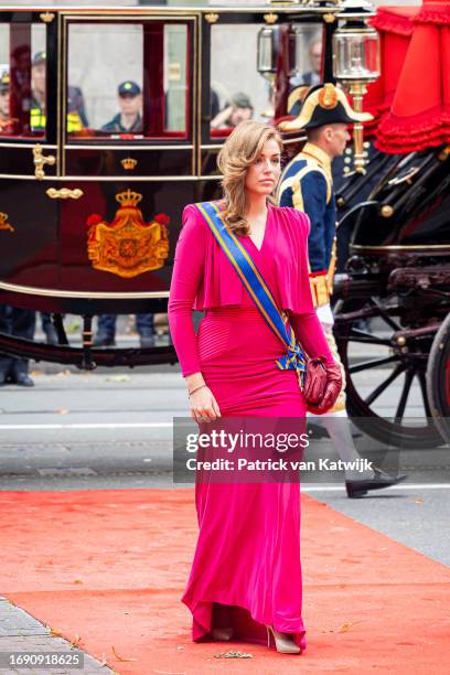 King Willem-Alexander of The Netherlands, Queen Máxima of The Netherlands and Princess Amalia of The Netherlands arrive in The Glass Coach at the...