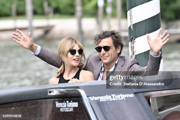 Gaia Trussardi and Adriano Giannini are seen arriving at the 80th Venice International Film Festival 2023 on September 03, 2023 in Venice, Italy.