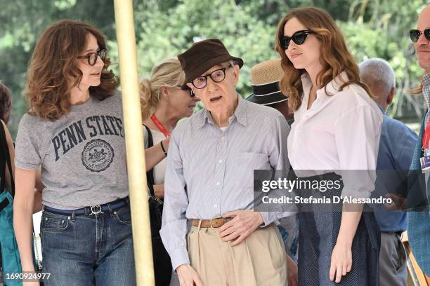 Valerie Lemercier, Woody Allen amd Lou De Laage are seen arriving at the 80th Venice International Film Festival 2023 on September 03, 2023 in...