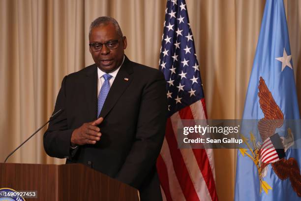 United States Secretary of Defense LLoyd Austin speaks to the media following the 15th meeting of the Ukraine Defense Contact Group at Ramstein Air...