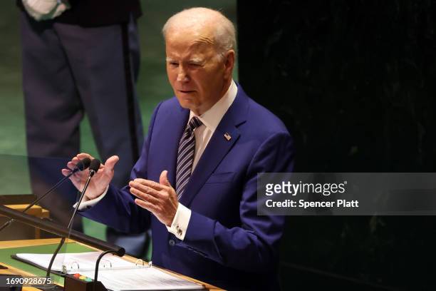President Joe Biden addresses world leaders during the United Nations General Assembly on September 19, 2023 in New York City. Dignitaries and their...