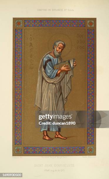 heiliger johannes der evangelist mit einer bibel in der hand, byzantinische kunst aus dem 10. jahrhundert - johannes der evangelist stock-grafiken, -clipart, -cartoons und -symbole