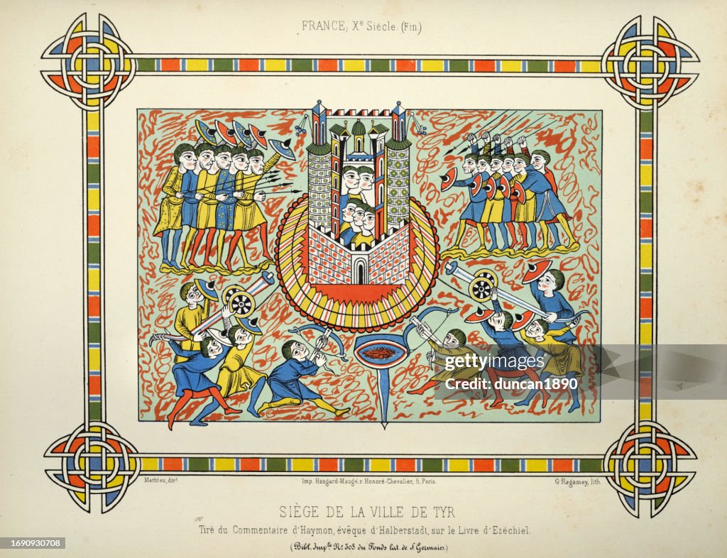 Belagerung von Tyrus, babylonisches Heer greift die Stadt an, Antike Kriegsführung, aus dem Buch Hesekiel, Kunst des 10. Jahrhunderts