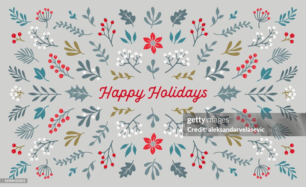 Holiday Christmas Card with Mistletoe Branches and Berries