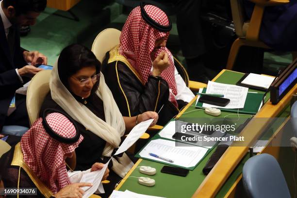 Members of the Saudi Arabia delegation attend the United Nations General Assembly on September 19, 2023 in New York City. Dignitaries and their...