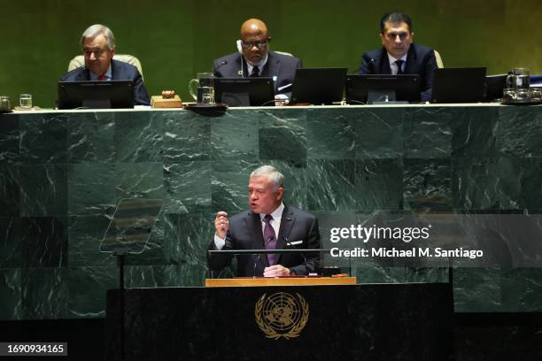 King of Jordan Abdullah II Ibn Al Hussein speaks during the United Nations General Assembly at the United Nations headquarters on September 19, 2023...