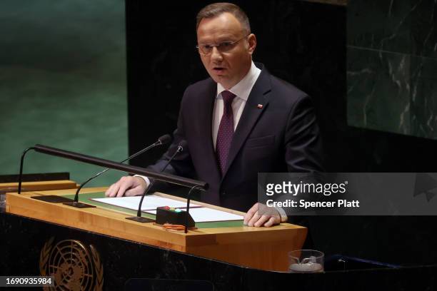 Polish President Andrzej Duda addresses world leaders during the United Nations General Assembly on September 19, 2023 in New York City. Dignitaries...