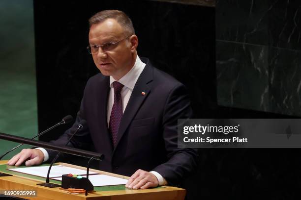 Polish President Andrzej Duda addresses world leaders during the United Nations General Assembly on September 19, 2023 in New York City. Dignitaries...