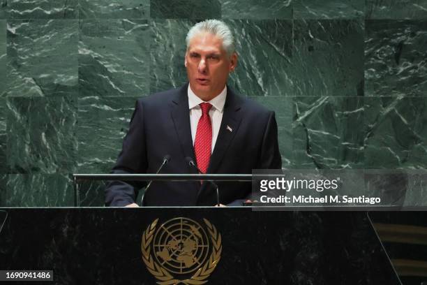 President of Cuba Miguel Díaz-Canel Bermúdez speaks during the United Nations General Assembly at the United Nations headquarters on September 19,...