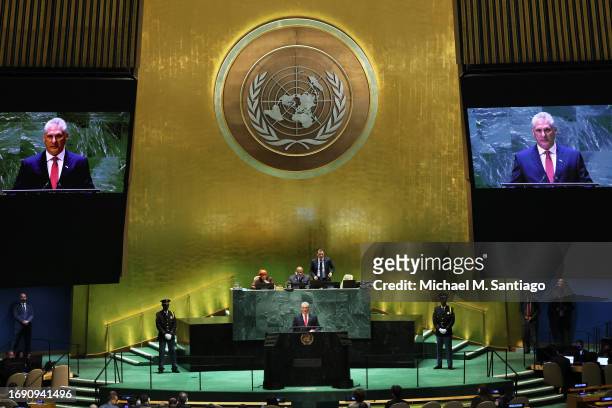 President of Cuba Miguel Díaz-Canel Bermúdez speaks during the United Nations General Assembly at the United Nations headquarters on September 19,...