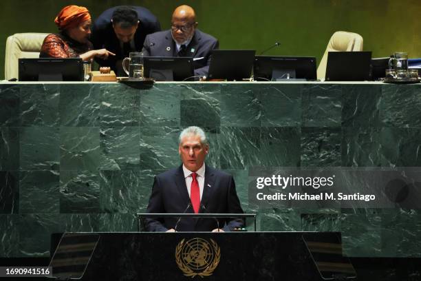 President of Cuba Miguel Díaz-Canel Bermúdez speaks during the United Nations General Assembly at the United Nations headquarters on September 19,...