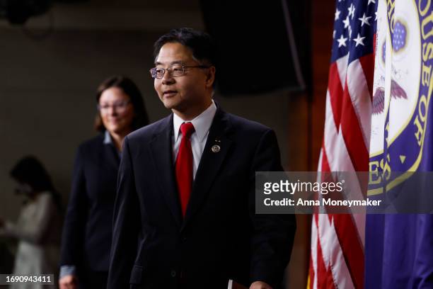 Vice-Chair of the House Democratic Caucus Rep. Ted Lieu arrives at a news conference after a meeting with the caucus at the U.S. Capitol Building on...