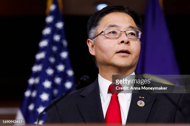 Vice-Chair of the House Democratic Caucus Rep. Ted Lieu speaks at a news conference after a meeting with the caucus at the U.S. Capitol Building on...