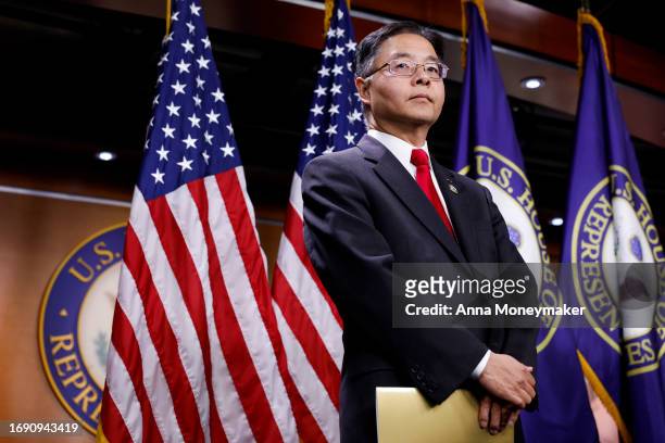Vice-Chair of the House Democratic Caucus Rep. Ted Lieu listens at a news conference after a meeting with the caucus at the U.S. Capitol Building on...