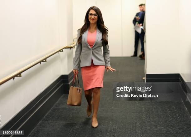 Rep. Lauren Boebert leaves a House Republican caucus meeting at the U.S. Capitol on September 19, 2023 in Washington, DC. A deal between factions of...