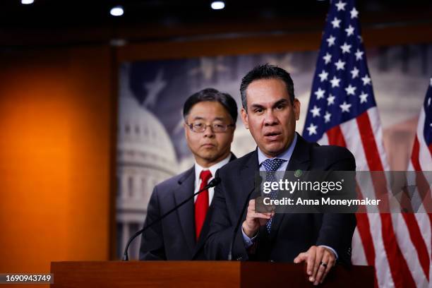 Chair of the House Democratic Caucus Rep. Pete Aguilar speaks at a news conference, alongside Vice-Chair Rep. Ted Lieu , after a meeting with the...