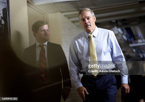 Rep. Jim Jordan arrives for a House Republican caucus meeting at the U.S. Capitol on September 19, 2023 in Washington, DC. A deal between factions of...