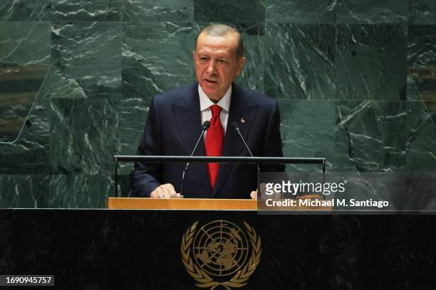 President of Türkiye Recep Tayyip Erdoğan speaks during the United Nations General Assembly at the United Nations headquarters on September 19, 2023...