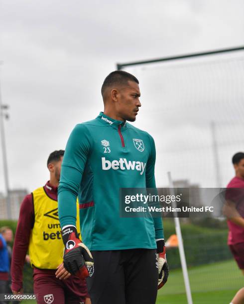 Alphonse Areola of West Ham United during training at Rush Green on September 19, 2023 in Romford, England.