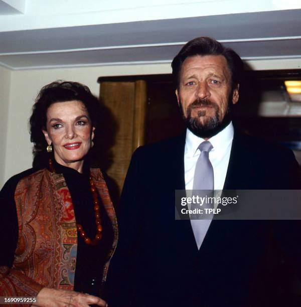 Portrait of American married couple, actress Jane Russell and real estate broker John Calvin Peoples as they pose at the British Academy of Film and...