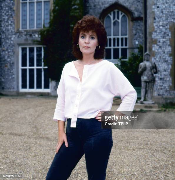 Portrait of British actress Pauline Collins on the set of TV series 'The Black Tower,' London, England, September 10, 1985.