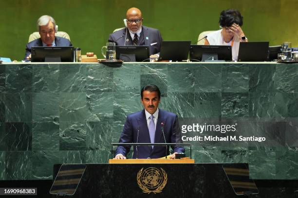 Emir of Qatar Sheikh Tamim bin Hamad al-Thani speaks during the United Nations General Assembly at the United Nations headquarters on September 19,...