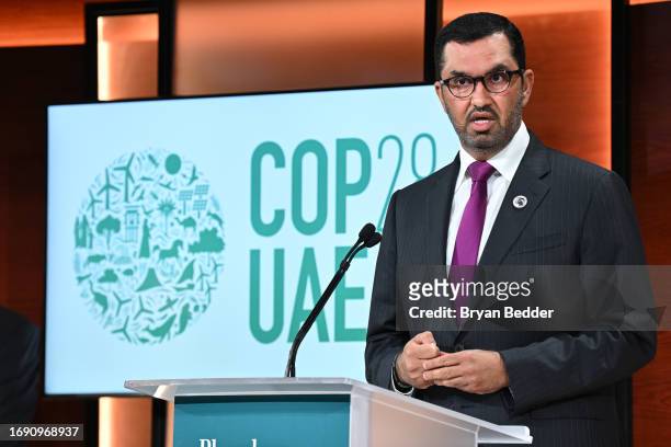 President-Designate Dr. Sultan Al Jaber speaks onstage as COP28 President-Designate Dr. Sultan Ahmed Al Jaber and UN Special Envoy Michael R....
