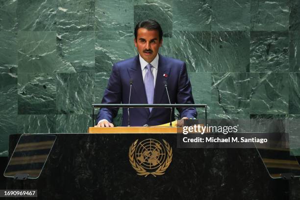 Emir of Qatar Sheikh Tamim bin Hamad al-Thani speaks during the United Nations General Assembly at the United Nations headquarters on September 19,...
