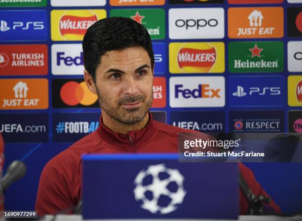 Arsenal manager Mikel Arteta attends a press conference at London Colney on September 19, 2023 in St Albans, England.