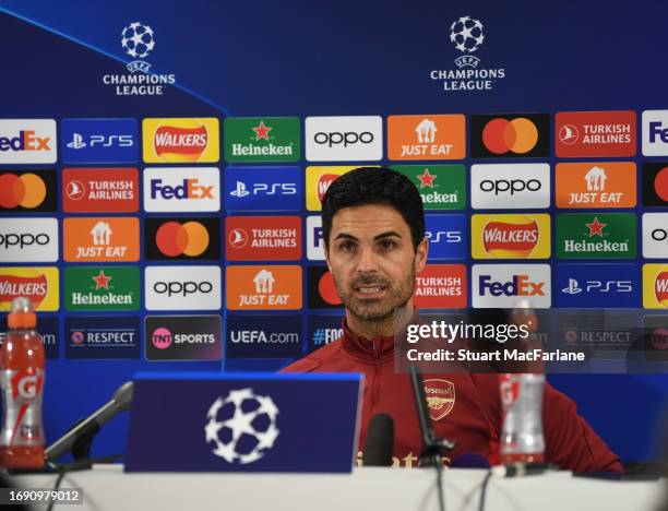 Arsenal manager Mikel Arteta attends a press conference at London Colney on September 19, 2023 in St Albans, England.