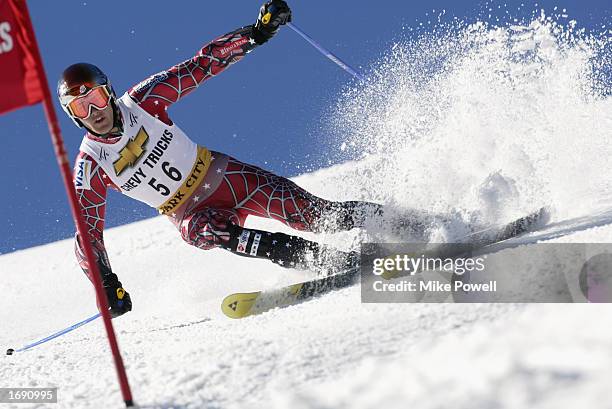 Jake Zamansky of the USA competes in the first run of the men's FIS Ski World Cup Giant Slalom at Park City Ski Resort on November 22, 2002 in Park...